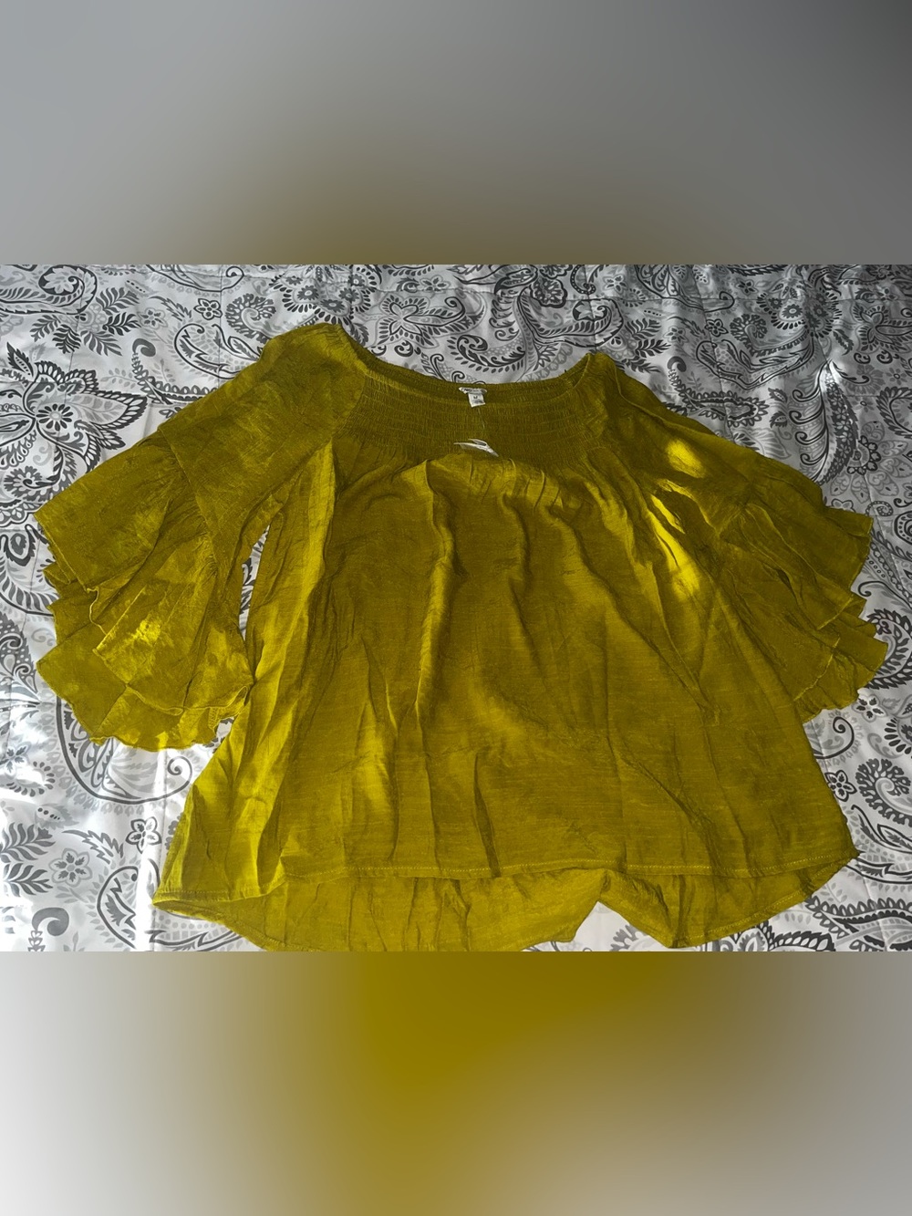 Cato Olive-Gold Ruffled Sleeve Peasant Blouse